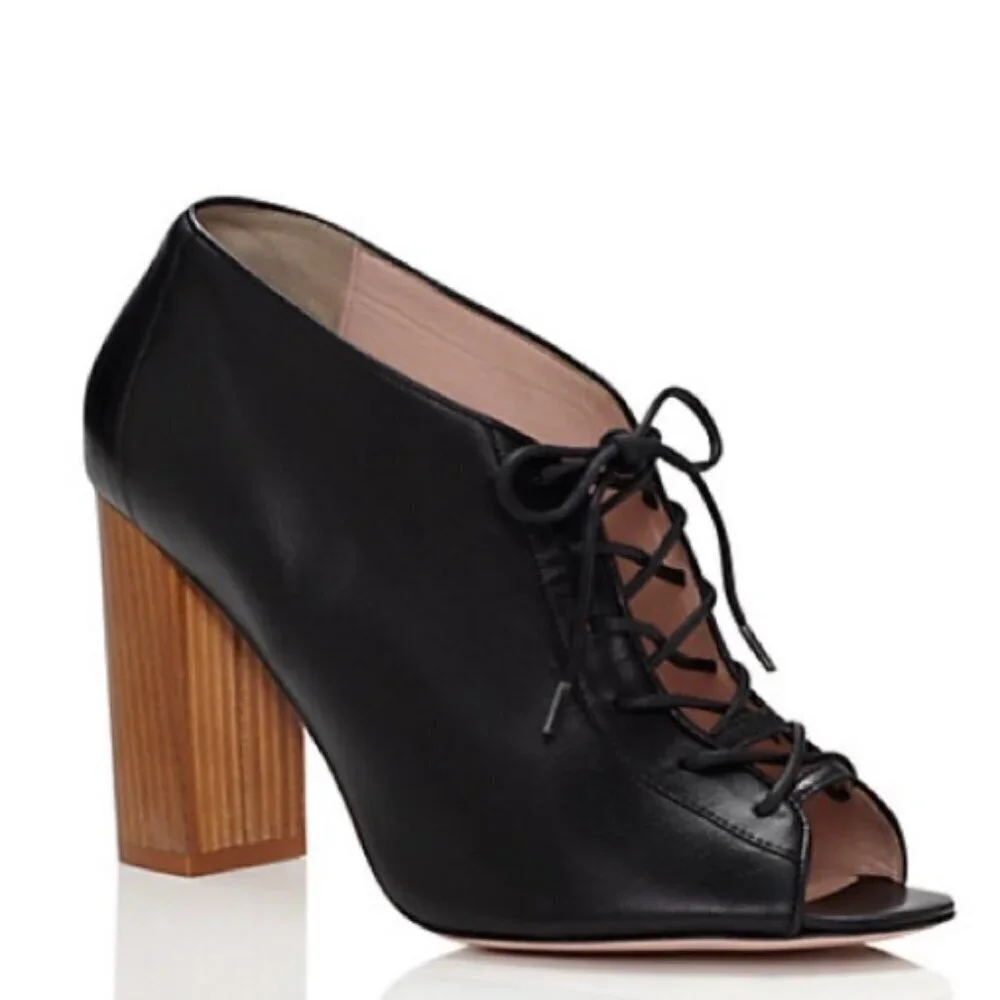 Kate Spade Inella Black Lace-Up Heels Sandals Booties Wood Size 7.5 Women's